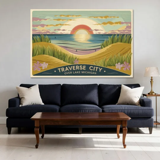 Traverse City Sunset Over Lake Michigan - Canvas Wall Art - Sofa - 60x40