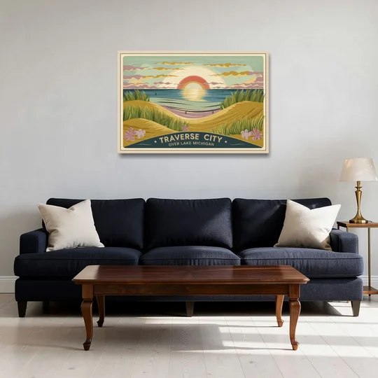 Traverse City Sunset Over Lake Michigan - Oak Framed Canvas Wall Art - Sofa - 36x24