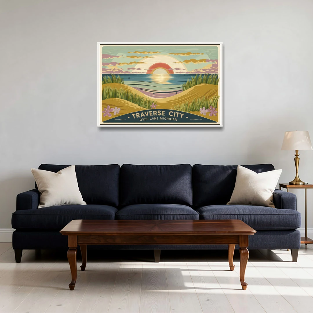 Traverse City Sunset Over Lake Michigan - White Framed Canvas Wall Art - Sofa - 36x24