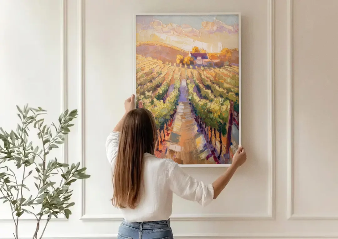 Traverse City Vineyard Scenery canvas wall art being hung on a paneled wall