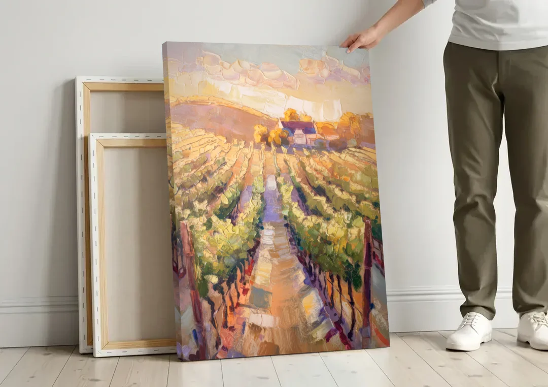 Traverse City Vineyard Scenery canvas wall art leaning against a wall next to blank canvases