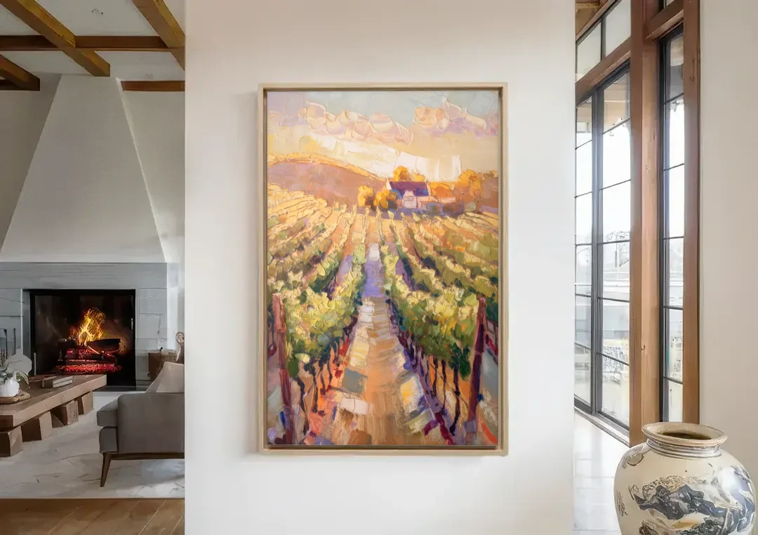 Traverse City Vineyard Scenery canvas wall art in a living room with a fireplace