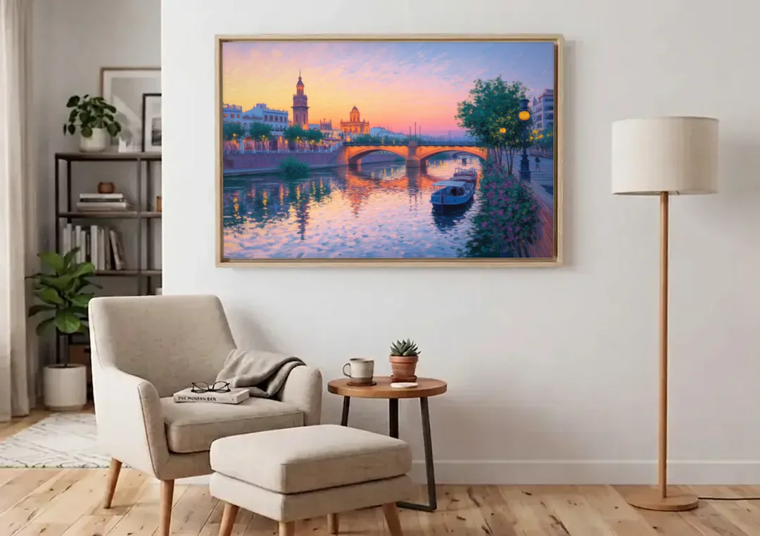 Triana Twilight canvas wall art above an armchair in a bright living room