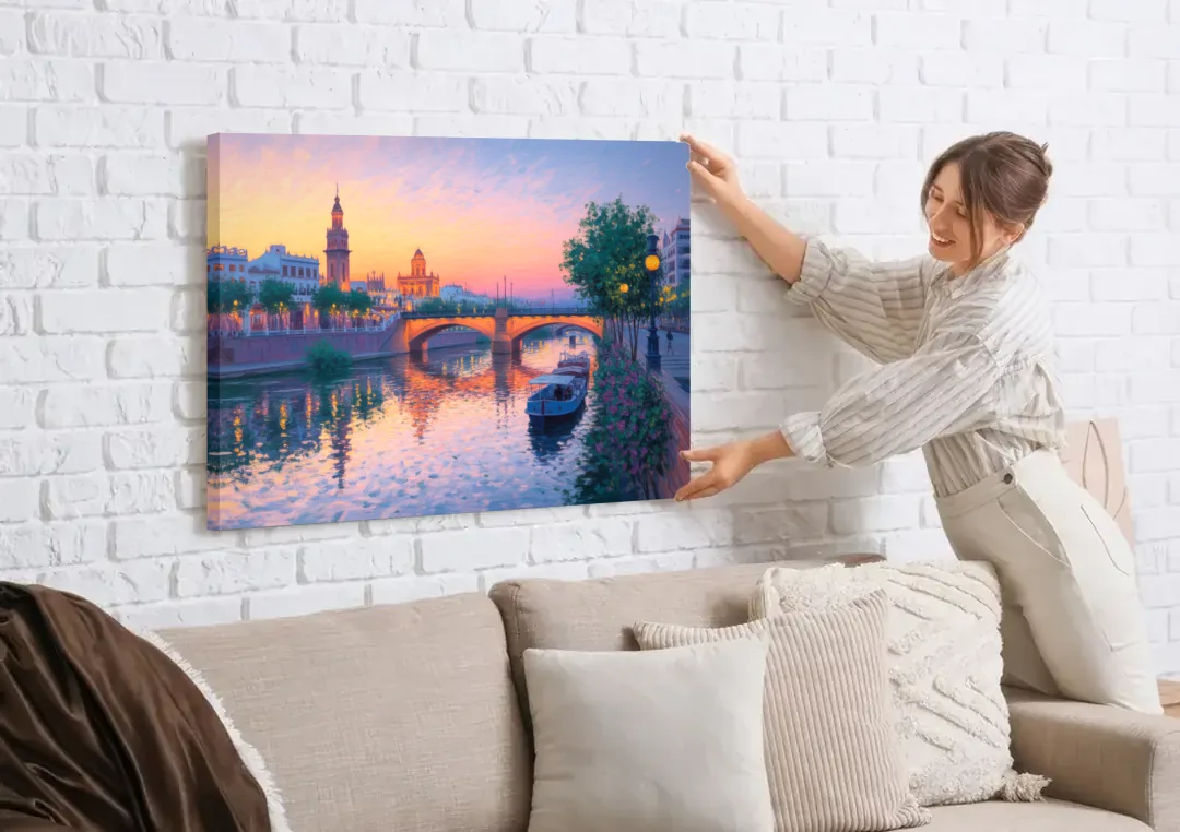 Triana Twilight canvas wall art being hung on a white brick wall above a sofa