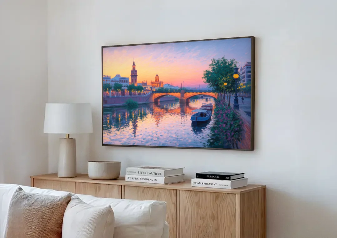 Triana Twilight canvas wall art above a wooden sideboard next to a sofa