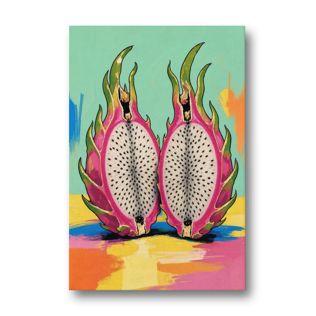 Tropical Kitchen Decor with Dragon Fruit Halves - Canvas Wall Art - Front