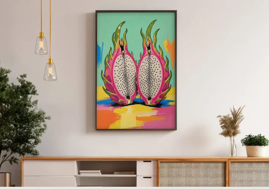 Tropical Kitchen Decor with Dragon Fruit Halves canvas wall art above a wooden sideboard under pendant lights