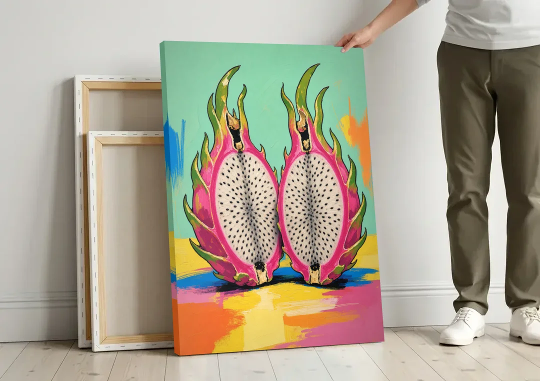 Tropical Kitchen Decor with Dragon Fruit Halves canvas wall art leaning against a wall next to blank canvases