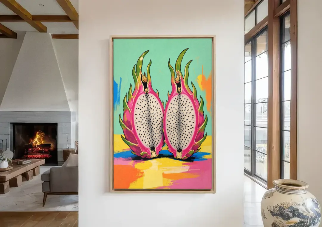 Tropical Kitchen Decor with Dragon Fruit Halves canvas wall art in a living room with a fireplace