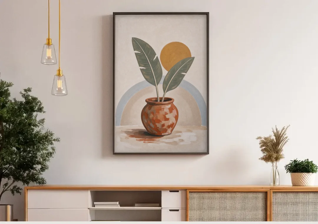 Tropical Plants Wall Art with a Honey Sun canvas wall art above a wooden sideboard under pendant lights