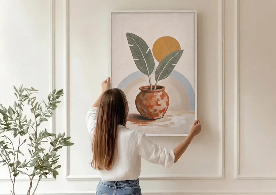 Tropical Plants Wall Art with a Honey Sun canvas wall art being hung on a paneled wall