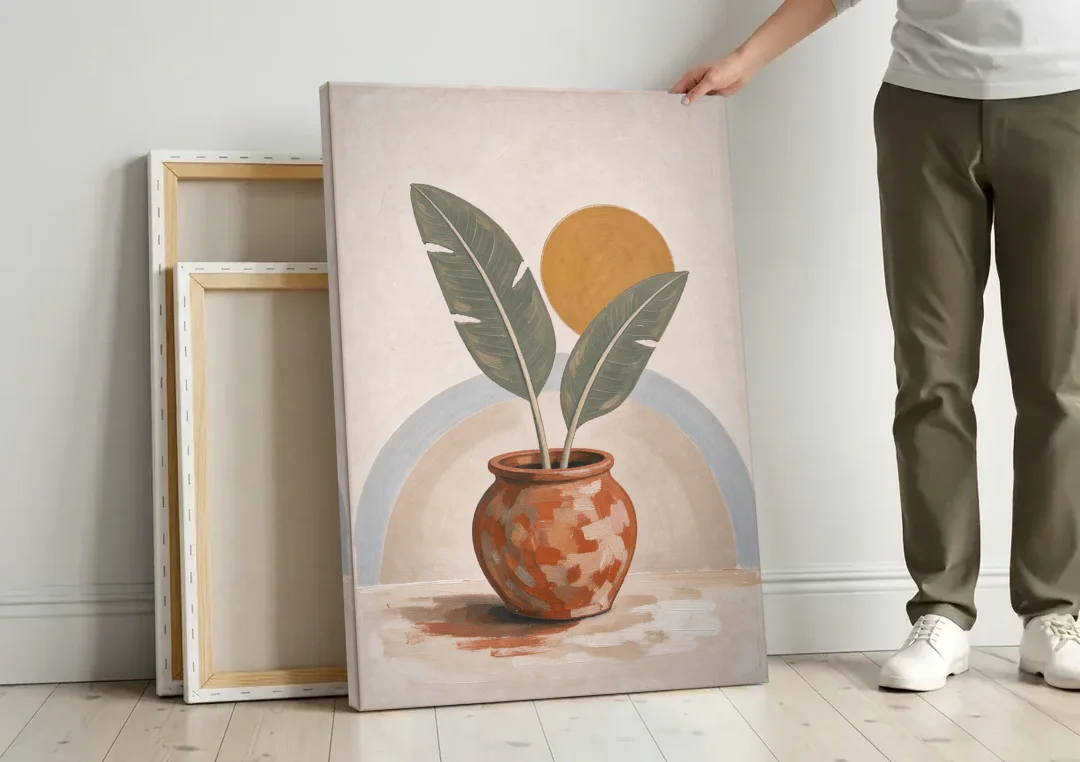 Tropical Plants Wall Art with a Honey Sun canvas wall art leaning against a wall next to blank canvases