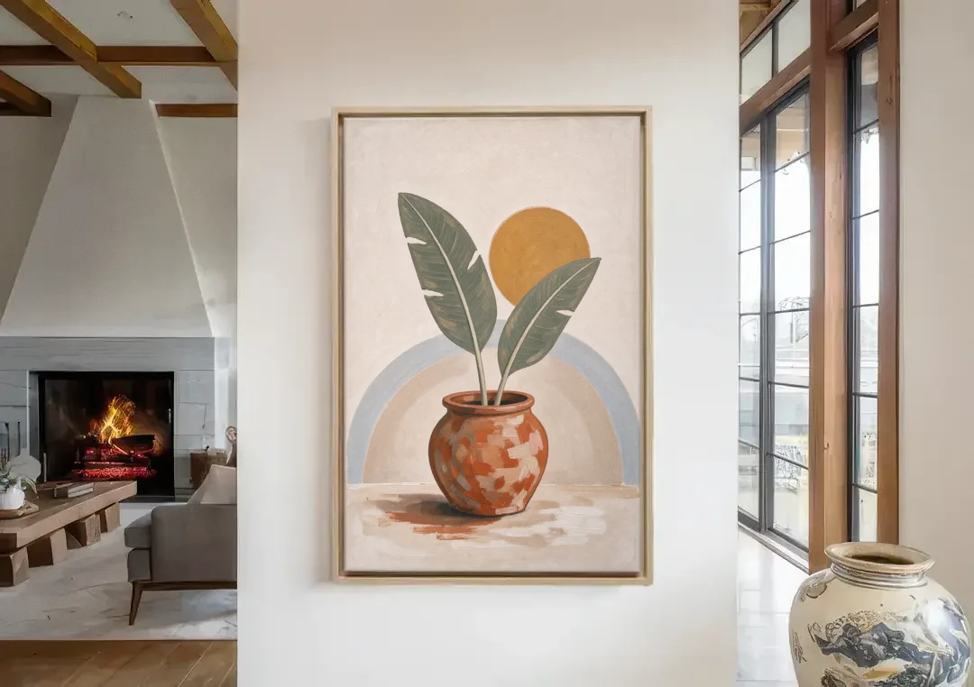 Tropical Plants Wall Art with a Honey Sun canvas wall art in a living room with a fireplace