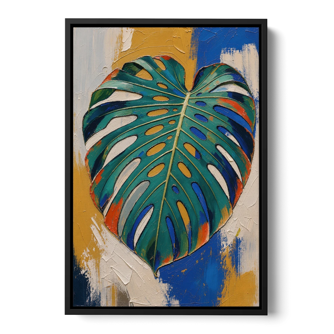 Tropical Teal Monstera Leaf Impasto - Black Framed Canvas Wall Art - Front