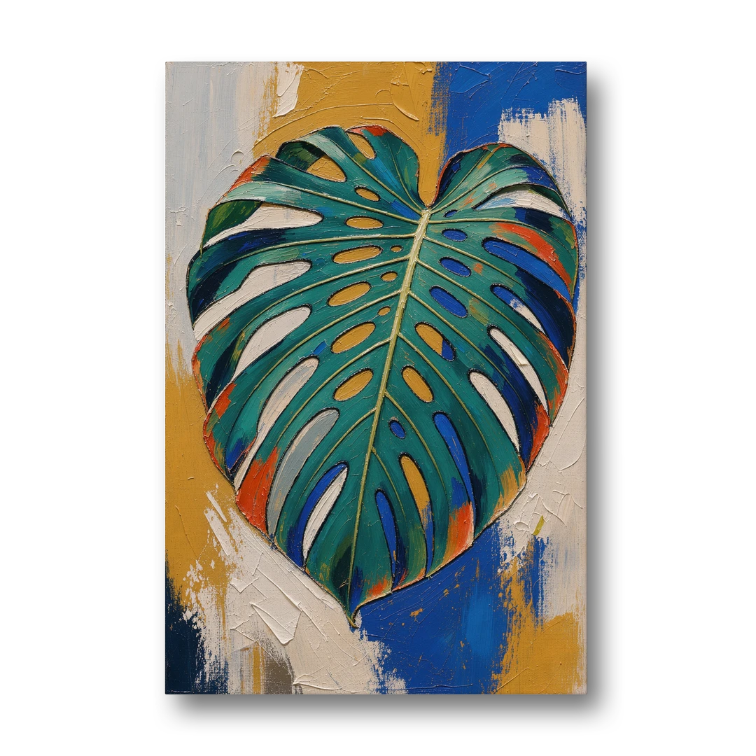 Tropical Teal Monstera Leaf Impasto - Canvas Wall Art - Front