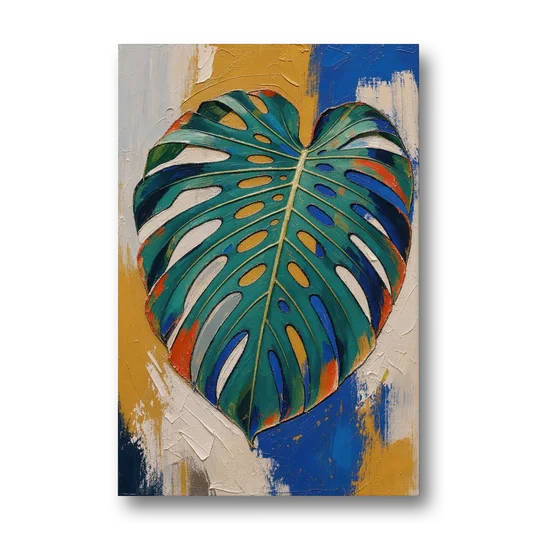 Tropical Teal Monstera Leaf Impasto - Canvas Wall Art - Front