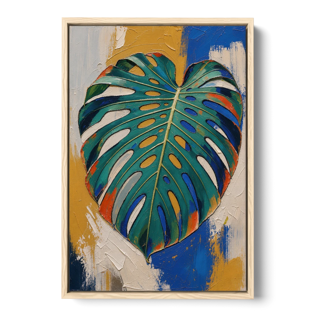 Tropical Teal Monstera Leaf Impasto - Oak Framed Canvas Wall Art - Front