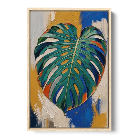 Tropical Teal Monstera Leaf Impasto - Oak Framed Canvas Wall Art - Front