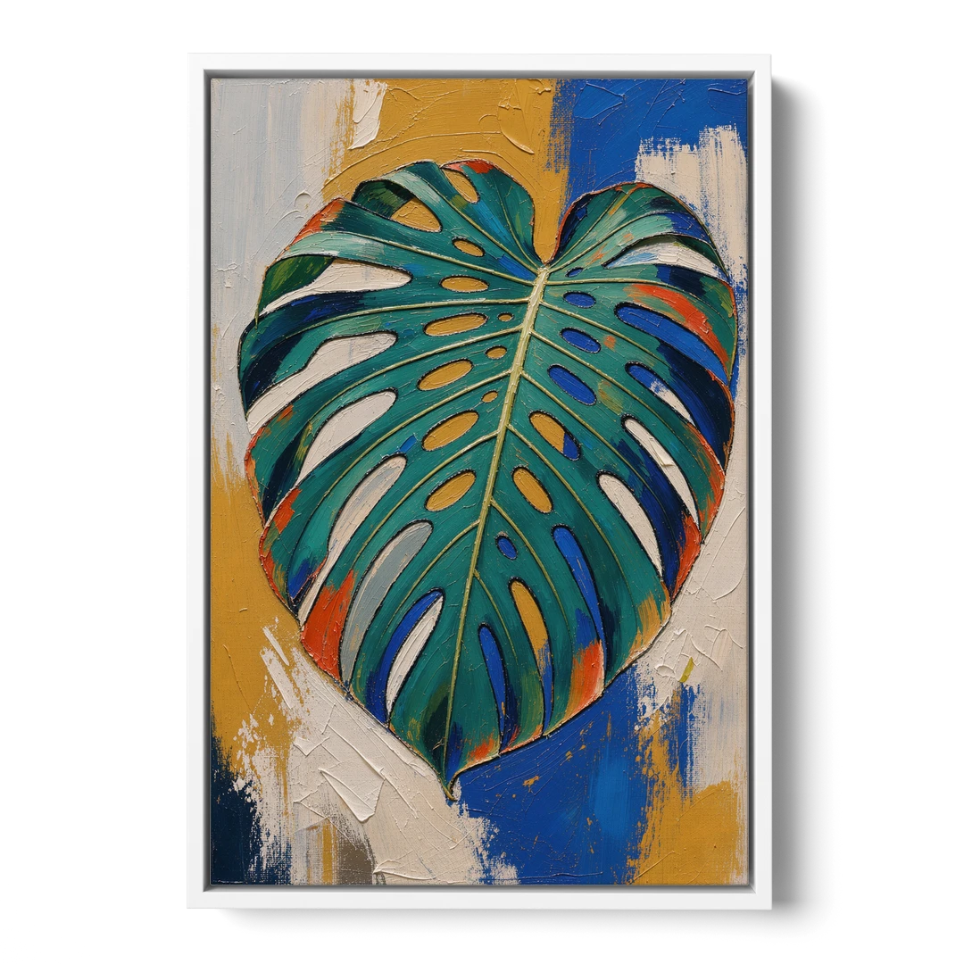 Tropical Teal Monstera Leaf Impasto - White Framed Canvas Wall Art - Front