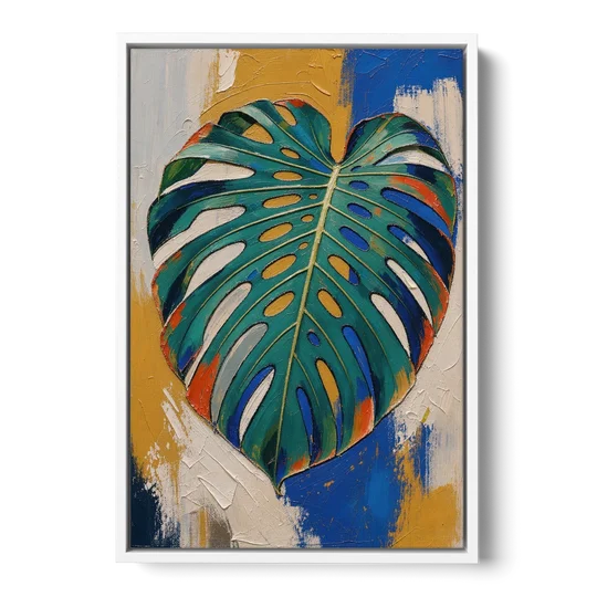 Tropical Teal Monstera Leaf Impasto - White Framed Canvas Wall Art - Front