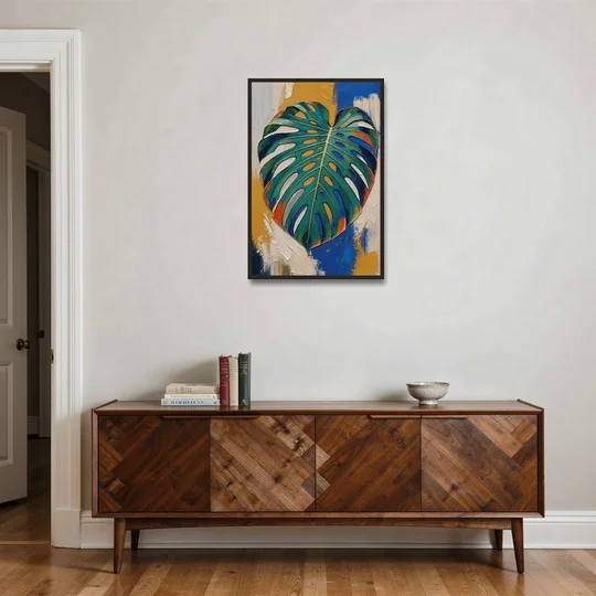 Tropical Teal Monstera Leaf Impasto - Black Framed Canvas Wall Art - Coffee Table - 24x36