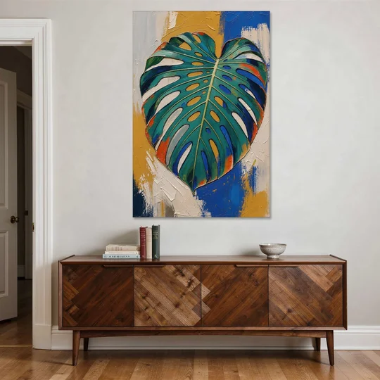 Tropical Teal Monstera Leaf Impasto - Canvas Wall Art - Coffee Table - 40x60