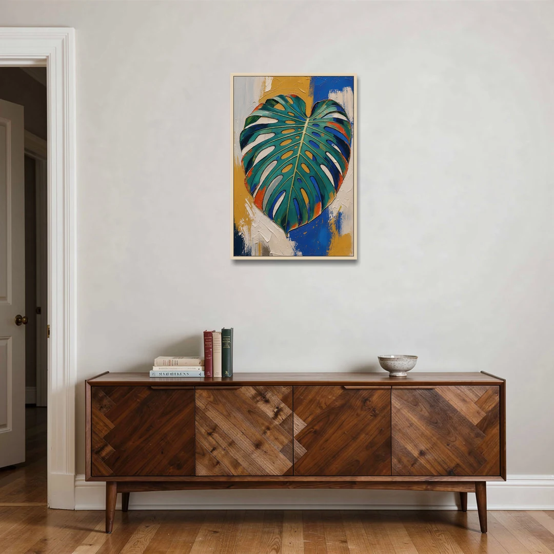 Tropical Teal Monstera Leaf Impasto - Oak Framed Canvas Wall Art - Coffee Table - 24x36