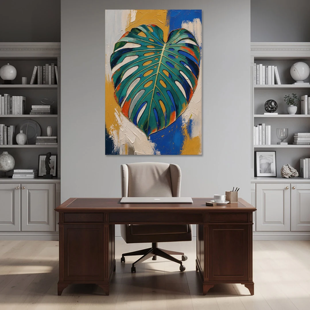 Tropical Teal Monstera Leaf Impasto - Canvas Wall Art - Office - 40x60