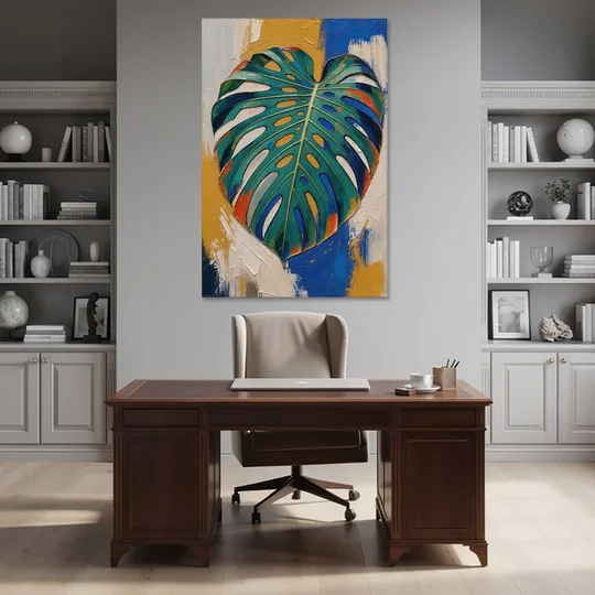 Tropical Teal Monstera Leaf Impasto - Canvas Wall Art - Office - 40x60