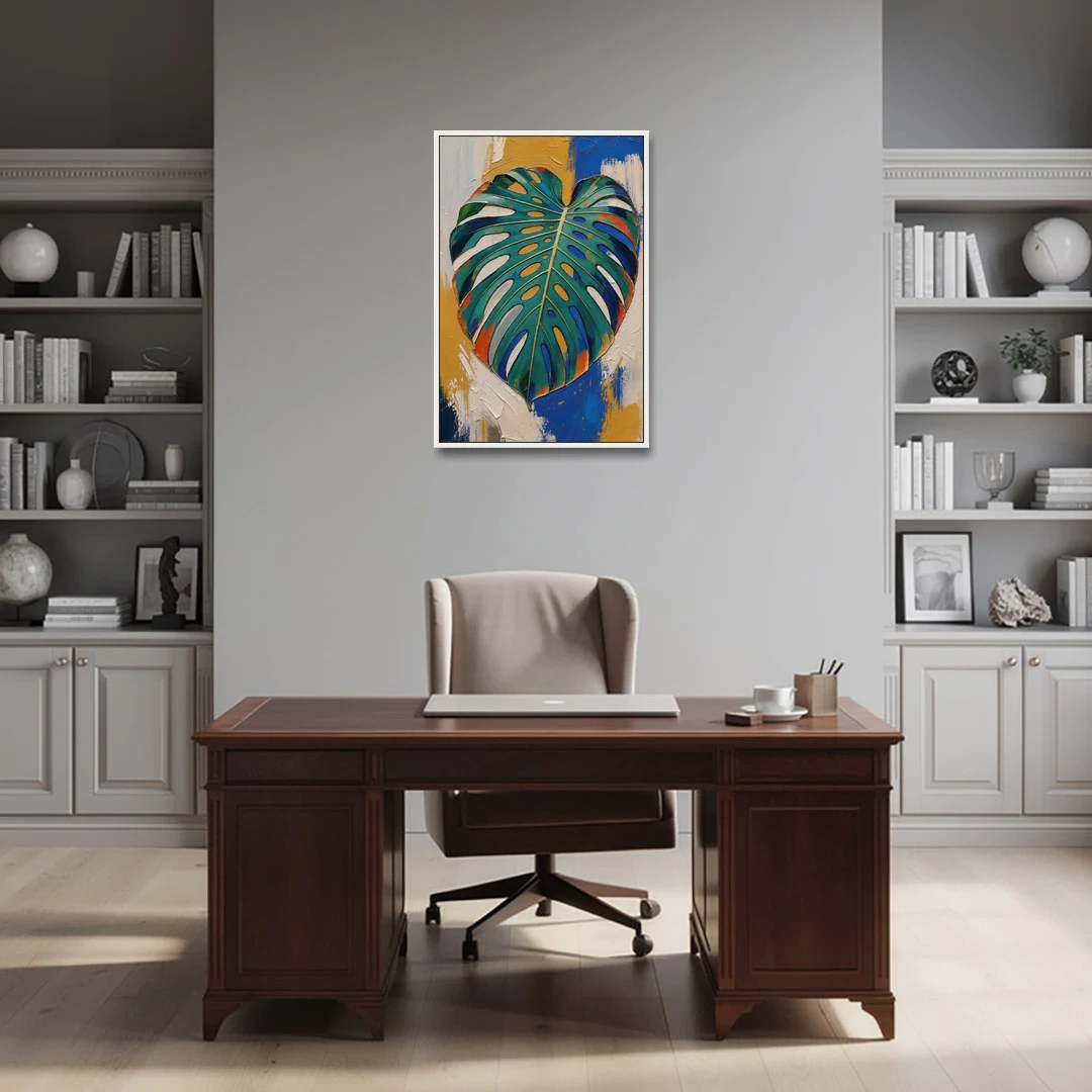 Tropical Teal Monstera Leaf Impasto - White Framed Canvas Wall Art - Office - 24x36