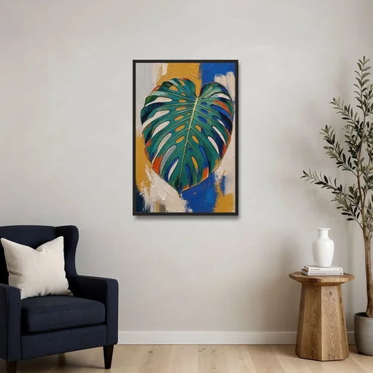 Tropical Teal Monstera Leaf Impasto - Black Framed Canvas Wall Art - Sofa - 24x36