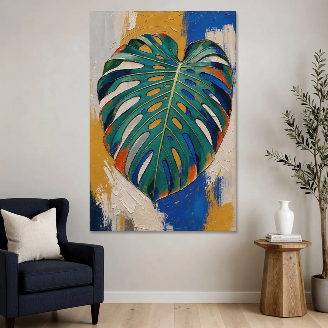 Tropical Teal Monstera Leaf Impasto - Canvas Wall Art - Sofa - 40x60