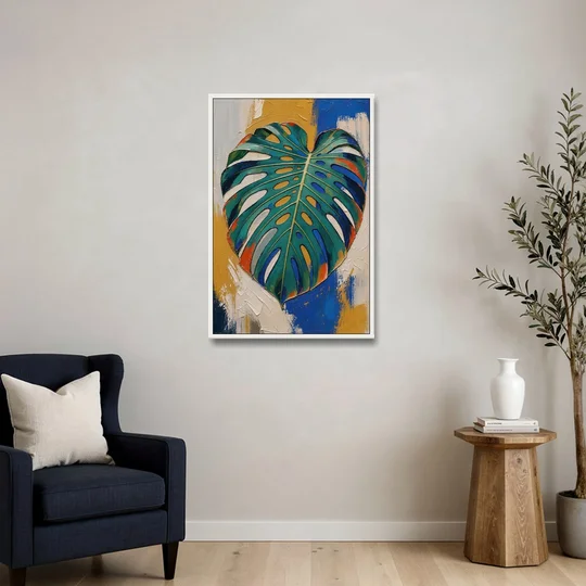 Tropical Teal Monstera Leaf Impasto - White Framed Canvas Wall Art - Sofa - 24x36