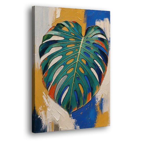 Tropical Teal Monstera Leaf Impasto - Canvas Wall Art - Side