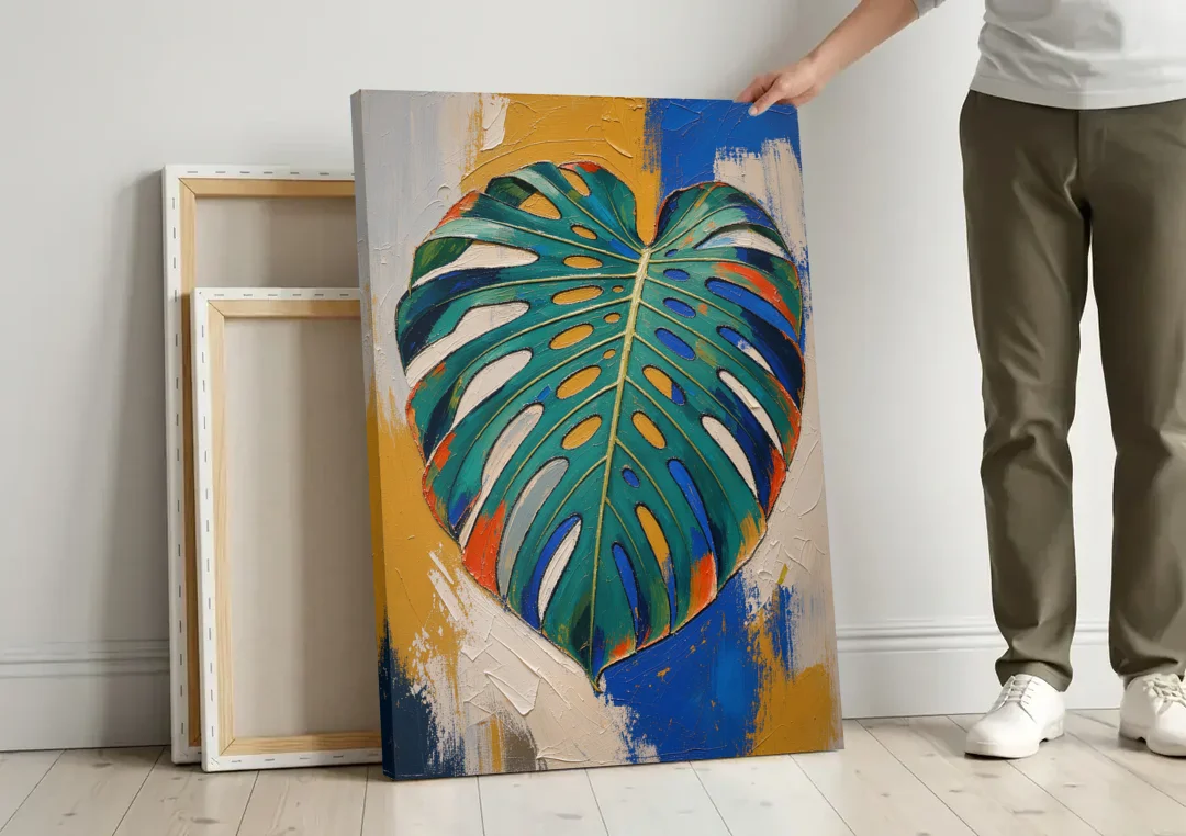 Tropical Teal Monstera Leaf Impasto canvas wall art leaning against a wall next to blank canvases