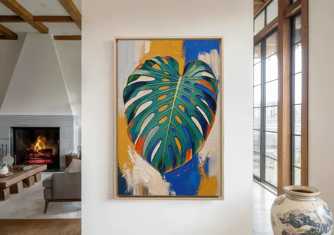Tropical Teal Monstera Leaf Impasto canvas wall art in a living room with a fireplace