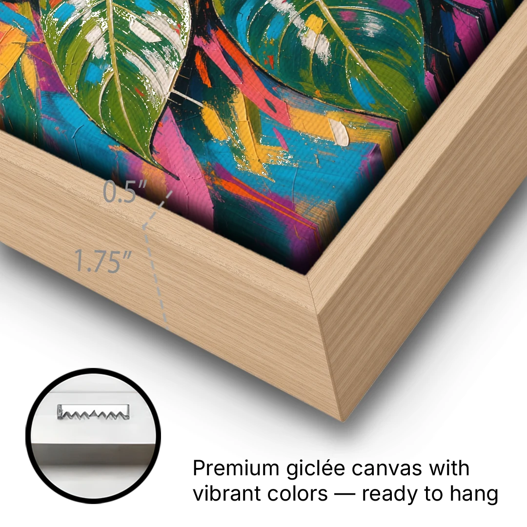 Tropical Wall Art of Monstera Leaves in Electric Color - Oak Framed Canvas Wall Art - Gallery Wrap Corner
