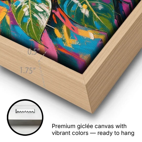 Tropical Wall Art of Monstera Leaves in Electric Color - Oak Framed Canvas Wall Art - Gallery Wrap Corner