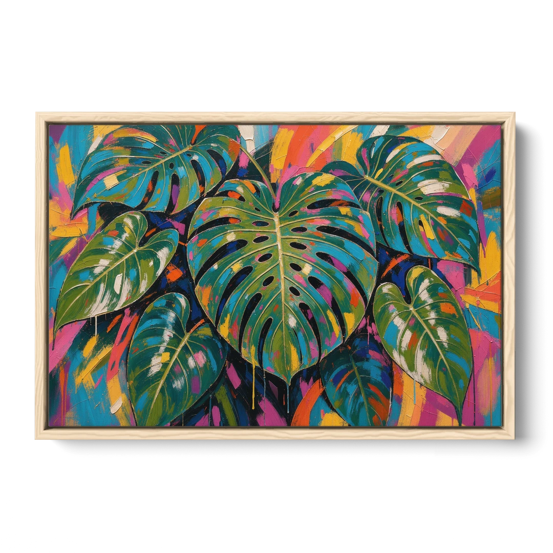 Tropical Wall Art of Monstera Leaves in Electric Color - Oak Framed Canvas Wall Art - Front