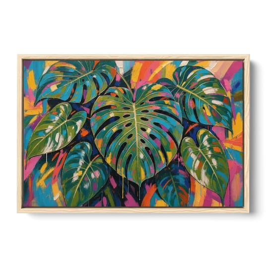 Tropical Wall Art of Monstera Leaves in Electric Color - Oak Framed Canvas Wall Art - Front