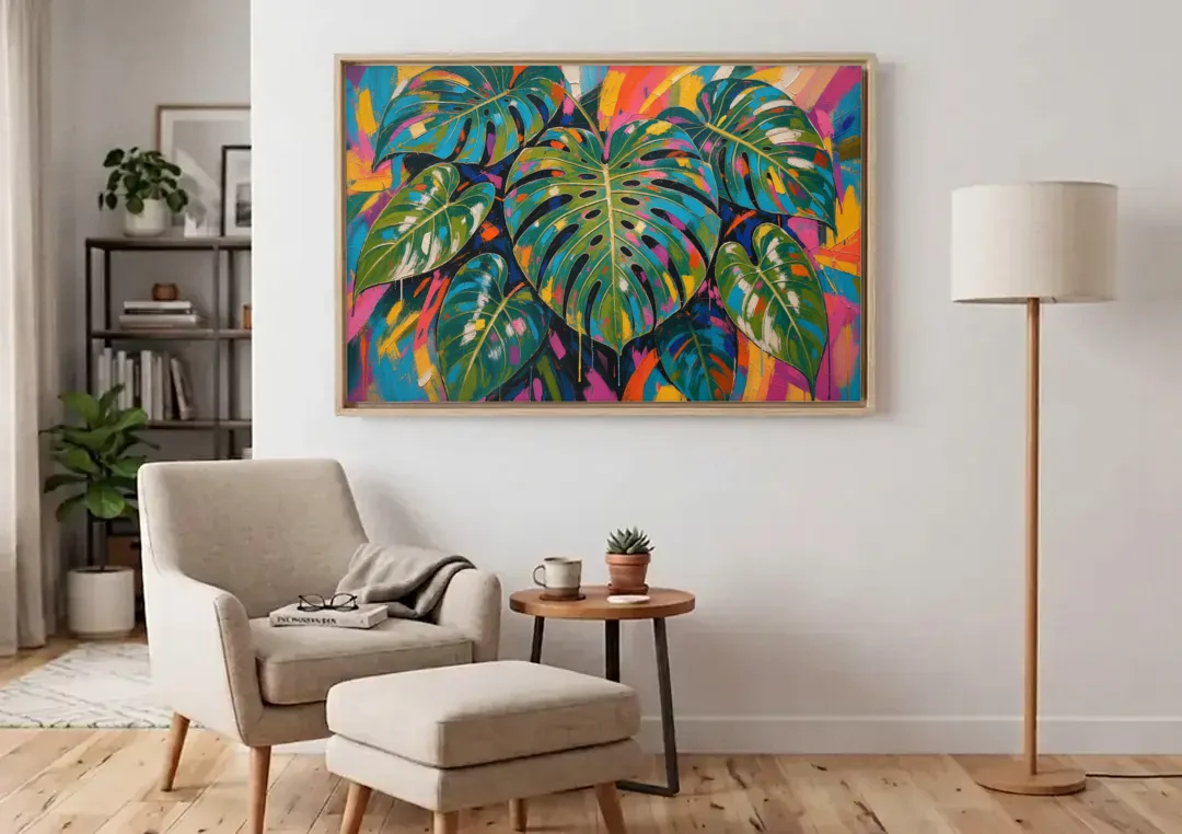 Tropical Wall Art of Monstera Leaves in Electric Color canvas wall art above an armchair in a bright living room