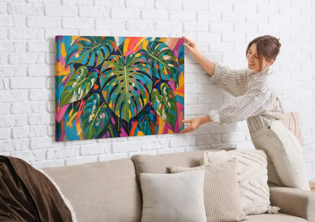 Tropical Wall Art of Monstera Leaves in Electric Color canvas wall art being hung on a white brick wall above a sofa