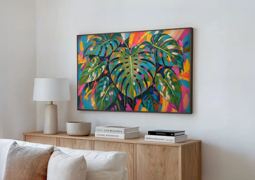 Tropical Wall Art of Monstera Leaves in Electric Color canvas wall art above a wooden sideboard next to a sofa