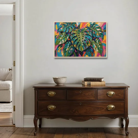 Tropical Wall Art of Monstera Leaves in Electric Color - Oak Framed Canvas Wall Art - Coffee Table - 36x24