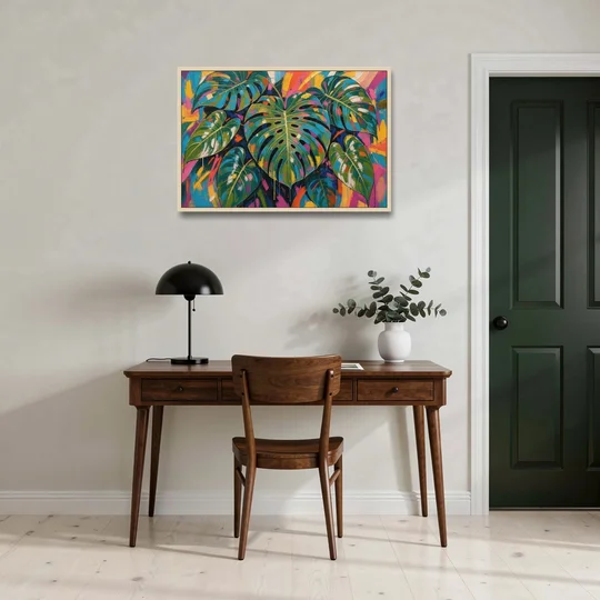 Tropical Wall Art of Monstera Leaves in Electric Color - Oak Framed Canvas Wall Art - Office - 36x24