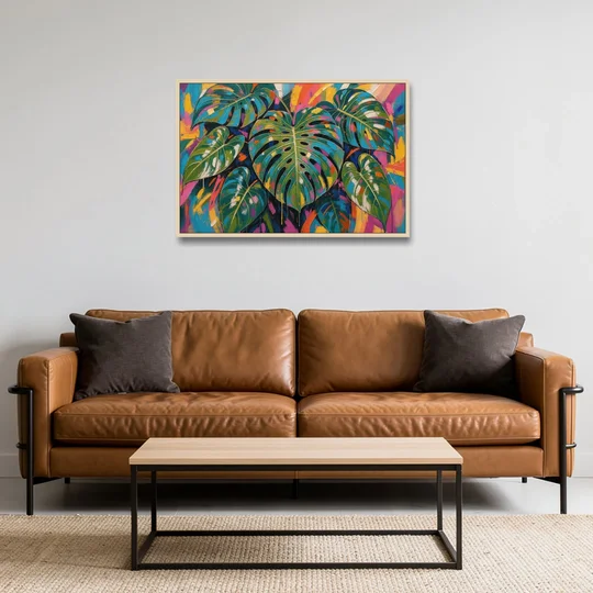 Tropical Wall Art of Monstera Leaves in Electric Color - Oak Framed Canvas Wall Art - Sofa - 36x24