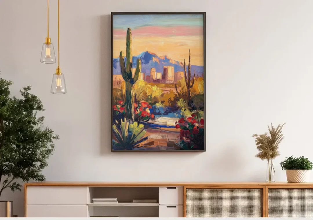 Tucson Arizona Pride canvas wall art above a wooden sideboard under pendant lights