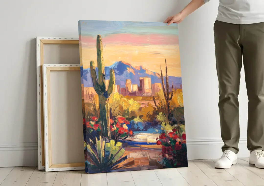 Tucson Arizona Pride canvas wall art leaning against a wall next to blank canvases