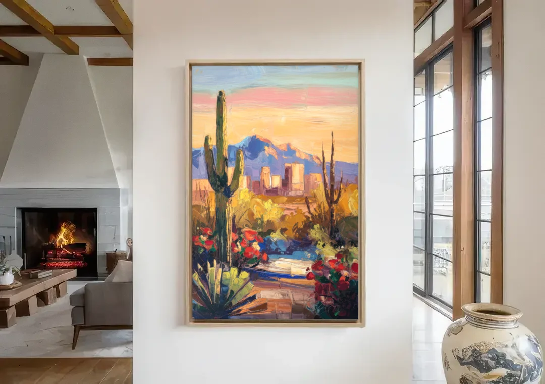 Tucson Arizona Pride canvas wall art in a living room with a fireplace