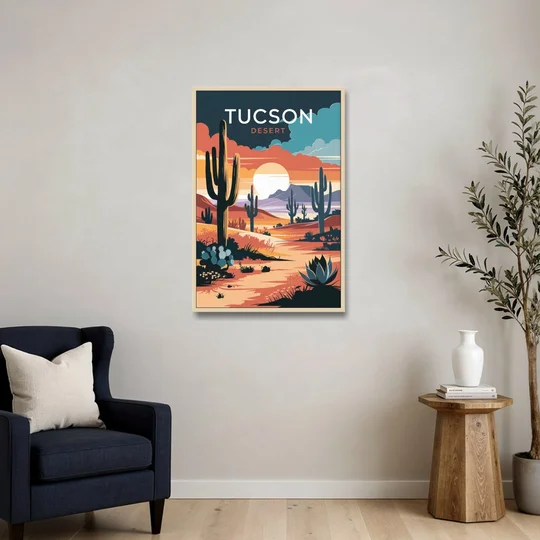 Tucson Desert Sunset - Oak Framed Canvas Wall Art - Sofa - 24x36